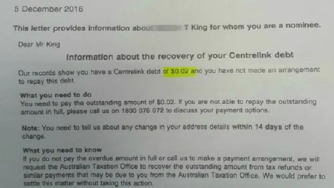 Centrelink letter calling in a debt for 2 cents