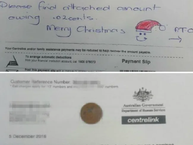 Mum's letter and coin taped to paper
