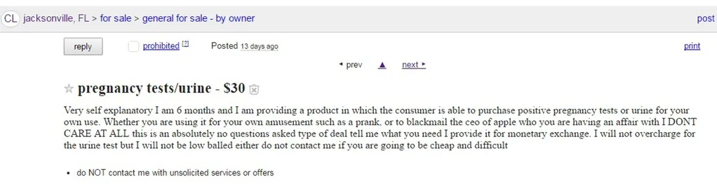 Craigslist ad for positive pregnancy test