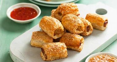 Satay chicken sausage rolls