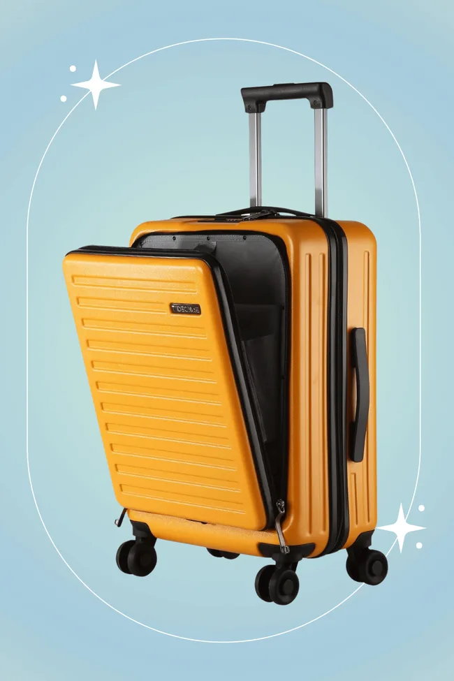 Orange hardshell suitcase with wheels and extended handle, partially open, against a light blue background.