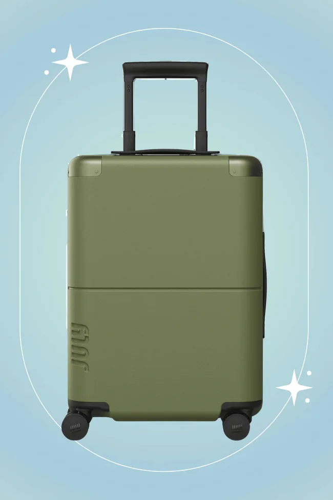 Olive green rolling suitcase with handle extended, on a light blue background.