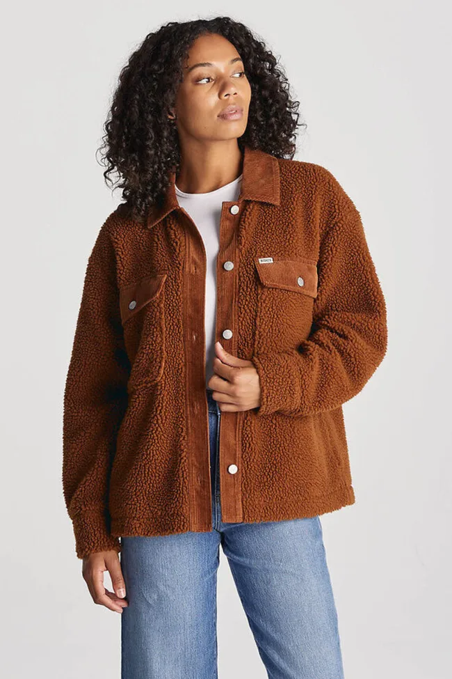 A model wearing the Riders by Lee Sherpa Shacket in brown.