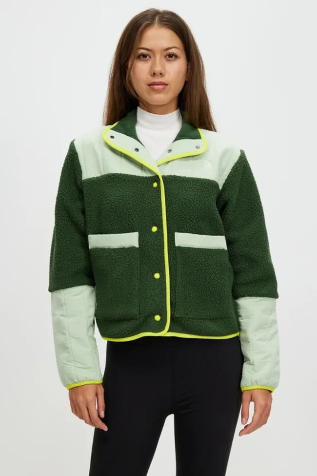 A model wearing The North Face sherpa fleece jacket in green.