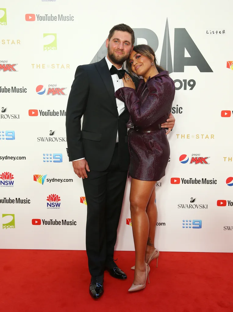 Jessica Mauboy and her husband Them at the ARIA Awards red carpet. 