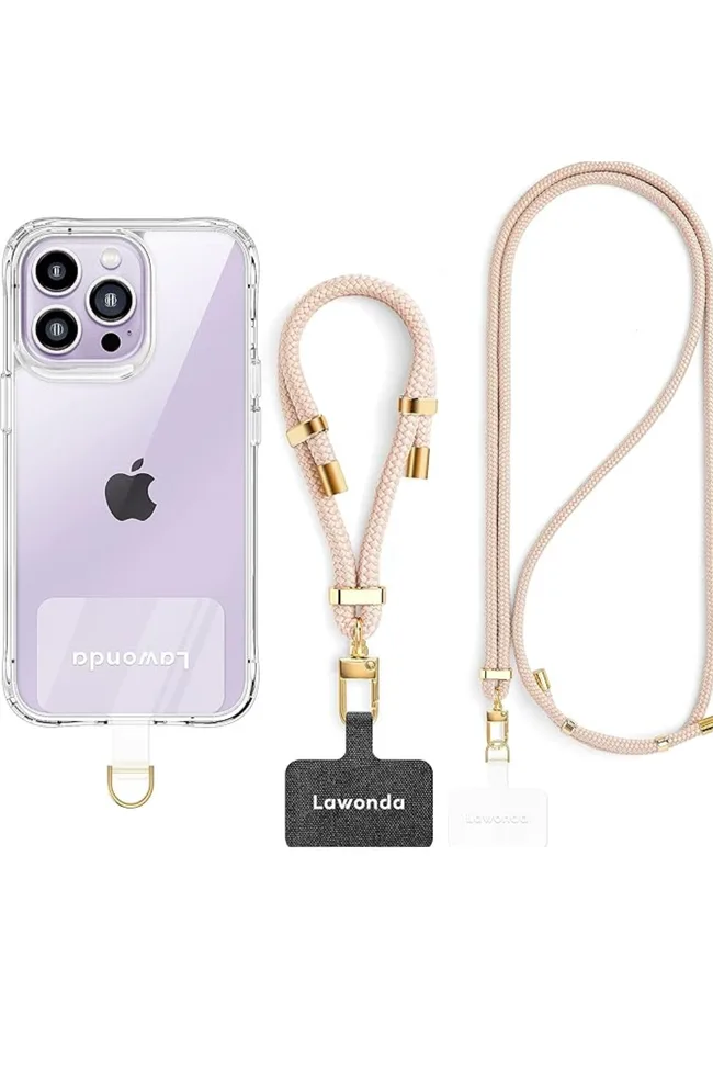A purple iphone next to a gold woven phone lanyard.