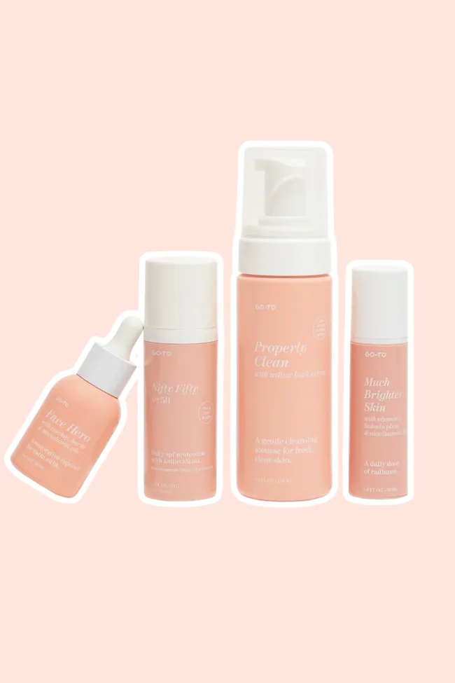Go-To Skincare's Morning Essentials Set on a peach coloured background.