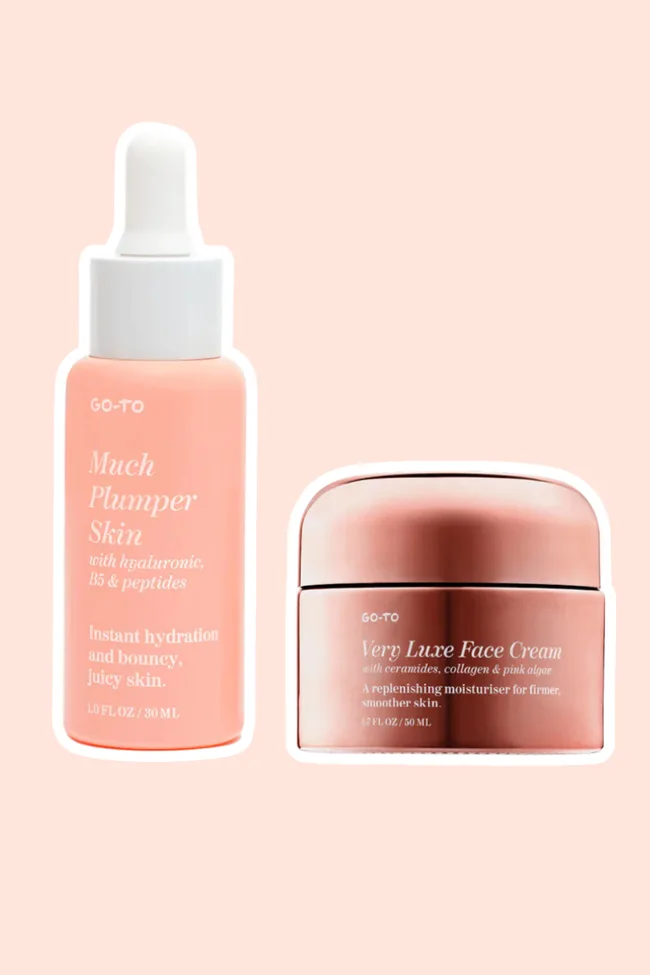 Go-To Skincared Pumped Up Skin set on a peach coloured background.