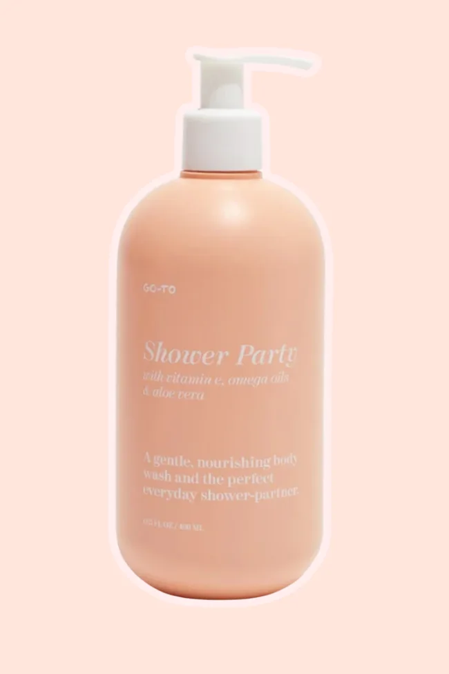 Go-To Skincare's Shower Party Shower Gel on a peach coloured background.