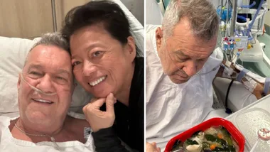 Jimmy Barnes in hospital with his wife Jane by his side.