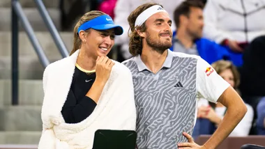 Stefano Tsitsipas (R) of Greece and Paula Badosa of Spain during the Eisenhower Cup on Day 3 of the BNP Paribas Open at Indian Wells Tennis Garden on March 05, 2024 in Indian Wells, California.