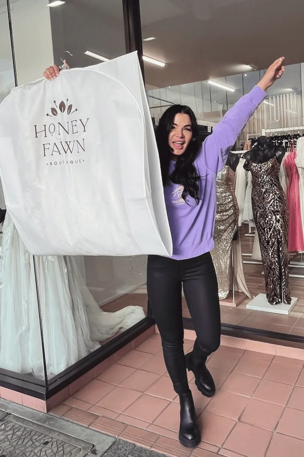 Claire Saunders choosing a wedding dress in Tasmania.