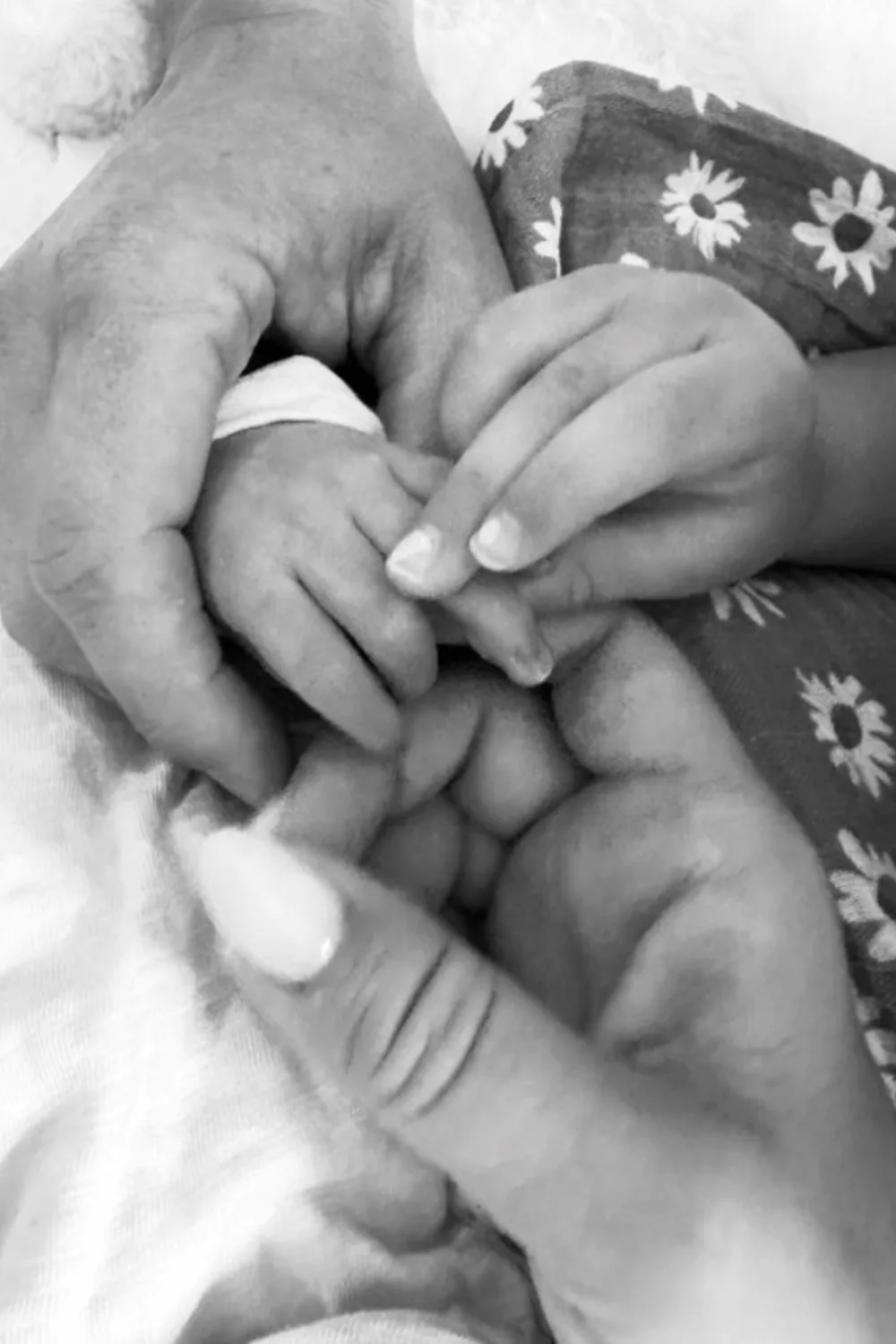 Three hands grabbing a baby's hand. 