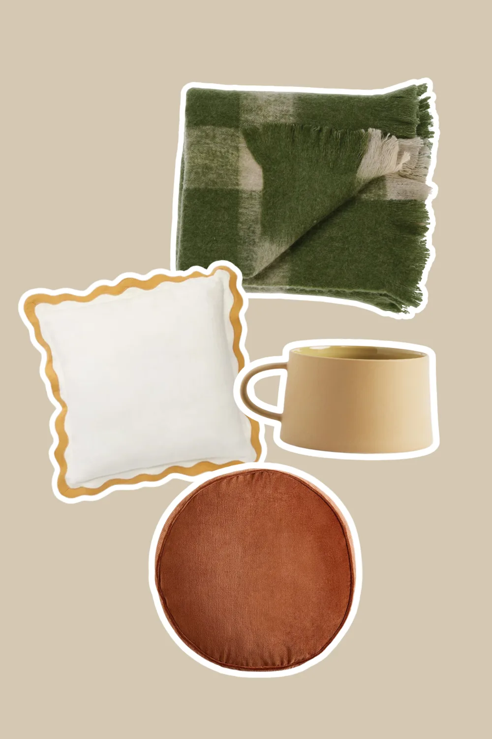 blanket cushion mug round pillow home decor in warm neutral colours 