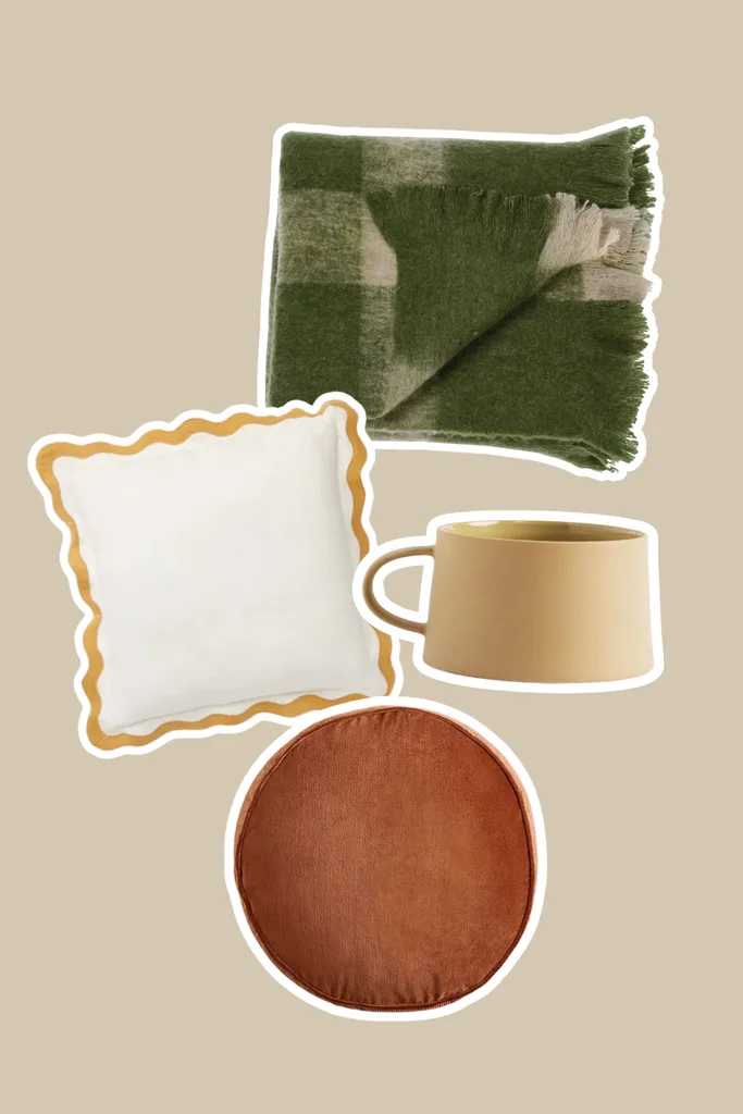 blanket cushion mug round pillow home decor in warm neutral colours