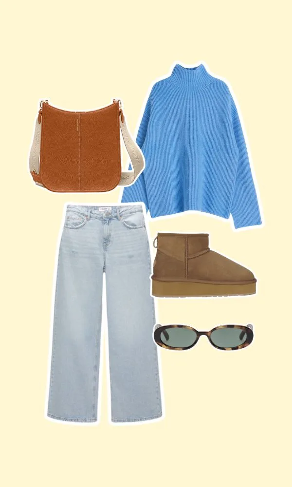 blue and denim outfit with slipper boots
