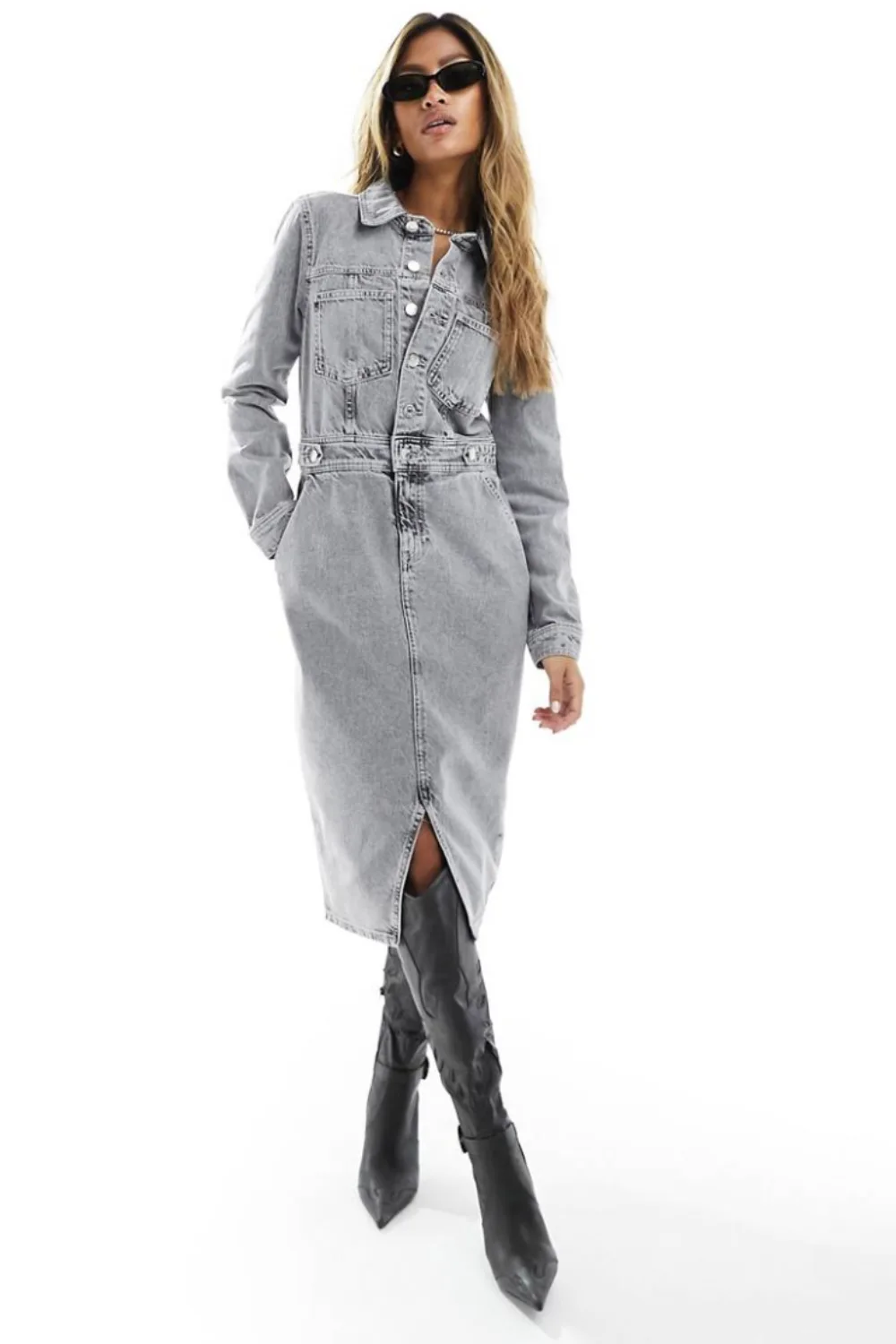 denim midi shirt dress