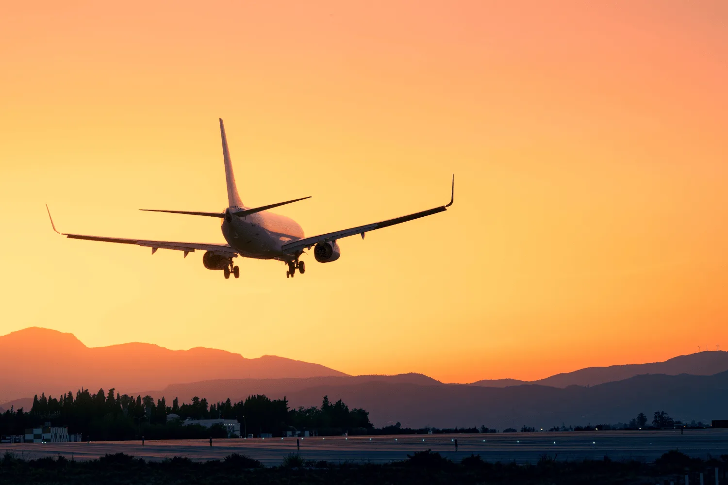 plane at sunset landing