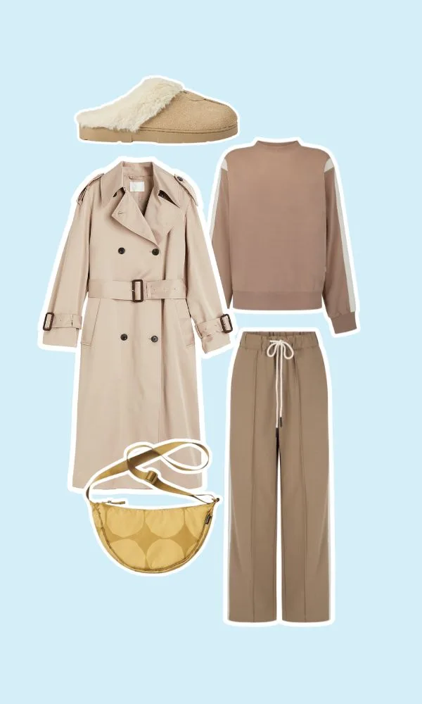 Tonal outfit with slippers and a uniqlo bag