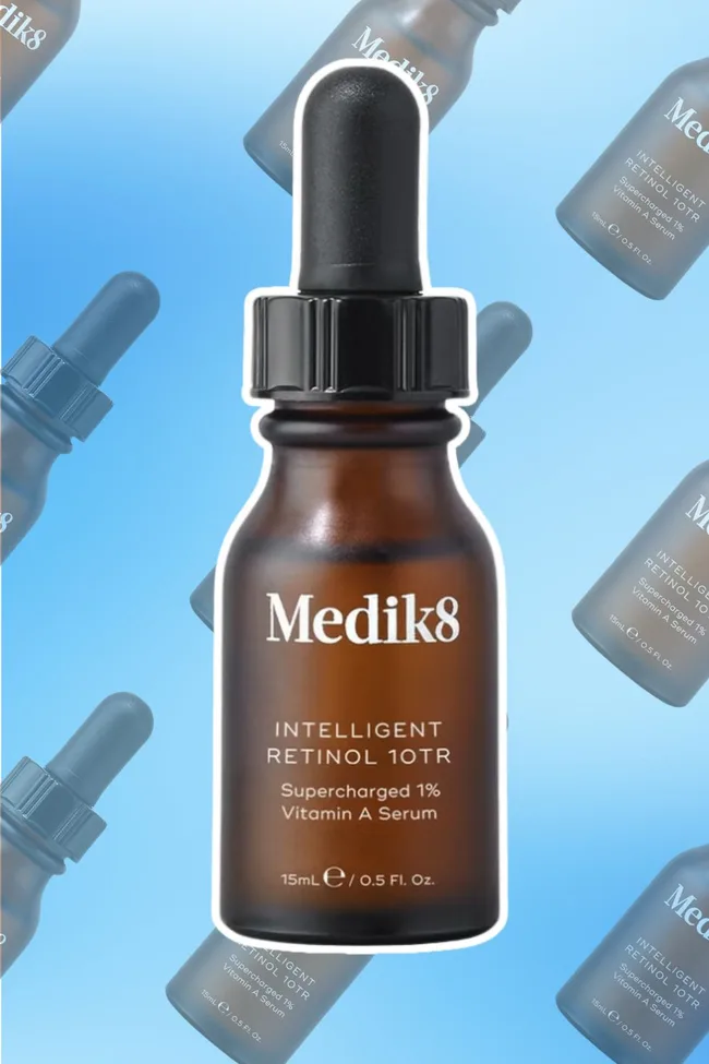 Medik8 Intelligent Retinol 10TR bottle on a blue background with repeated product images.