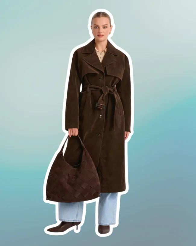 womens brown leather trench coat
