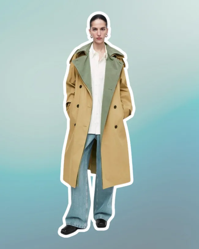 womens trench coat double breasted and layered with jeans