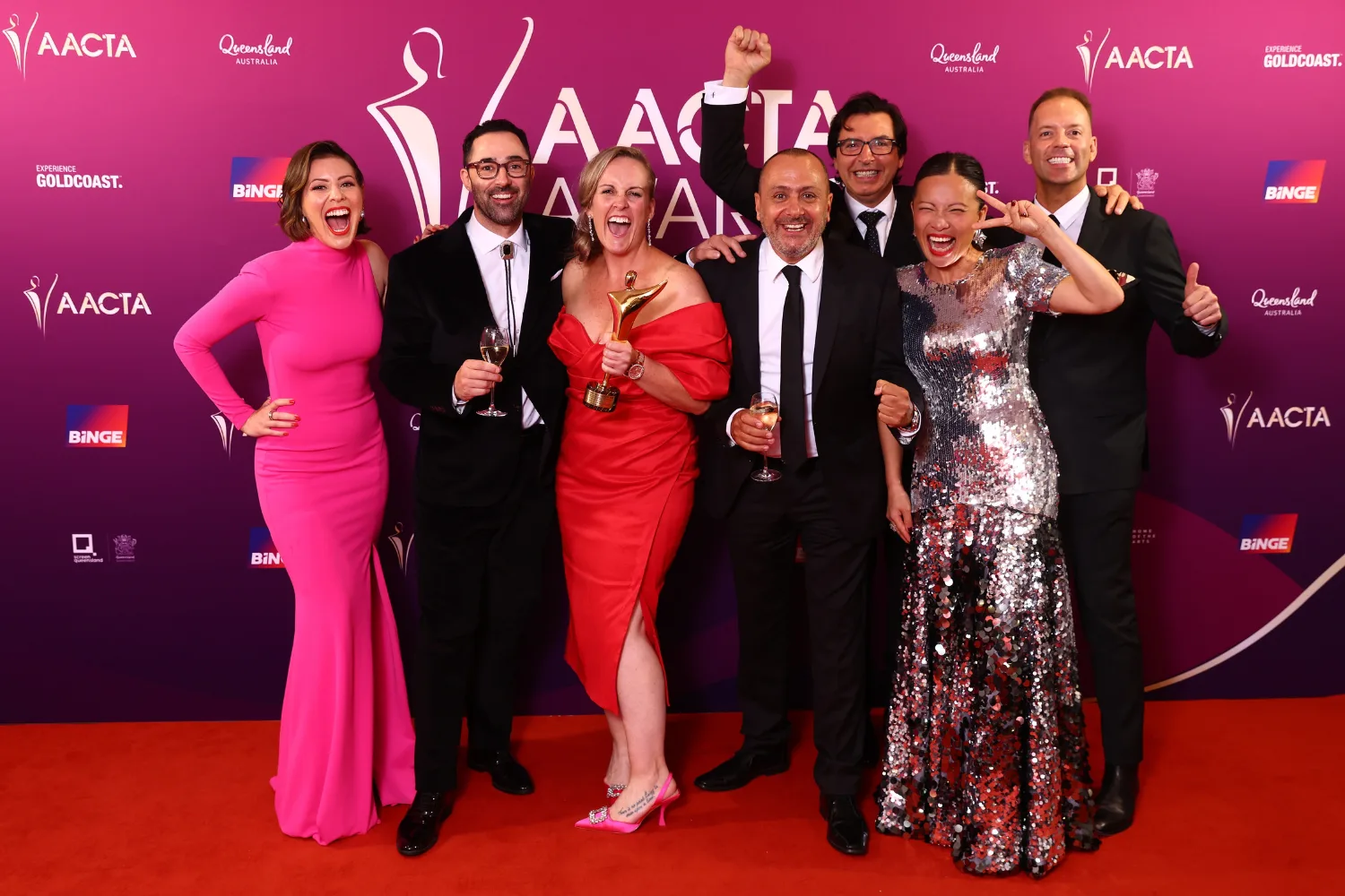 Marty Benson, Andy Allen, Sofia Levin, Poh Ling Yeow, Jean-Christophe Novelli pose with the AACTA Award for Best Reality Program for MasterChef Australia during the 2025 AACTA Awards