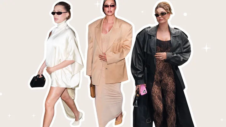 Three women in chic outfits, wearing sunglasses: one in white, one in tan, and one in black lace with a coat.