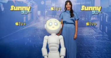 Rashida Jones with her robot co star from her new Sci-Fi mystery series Sunny.