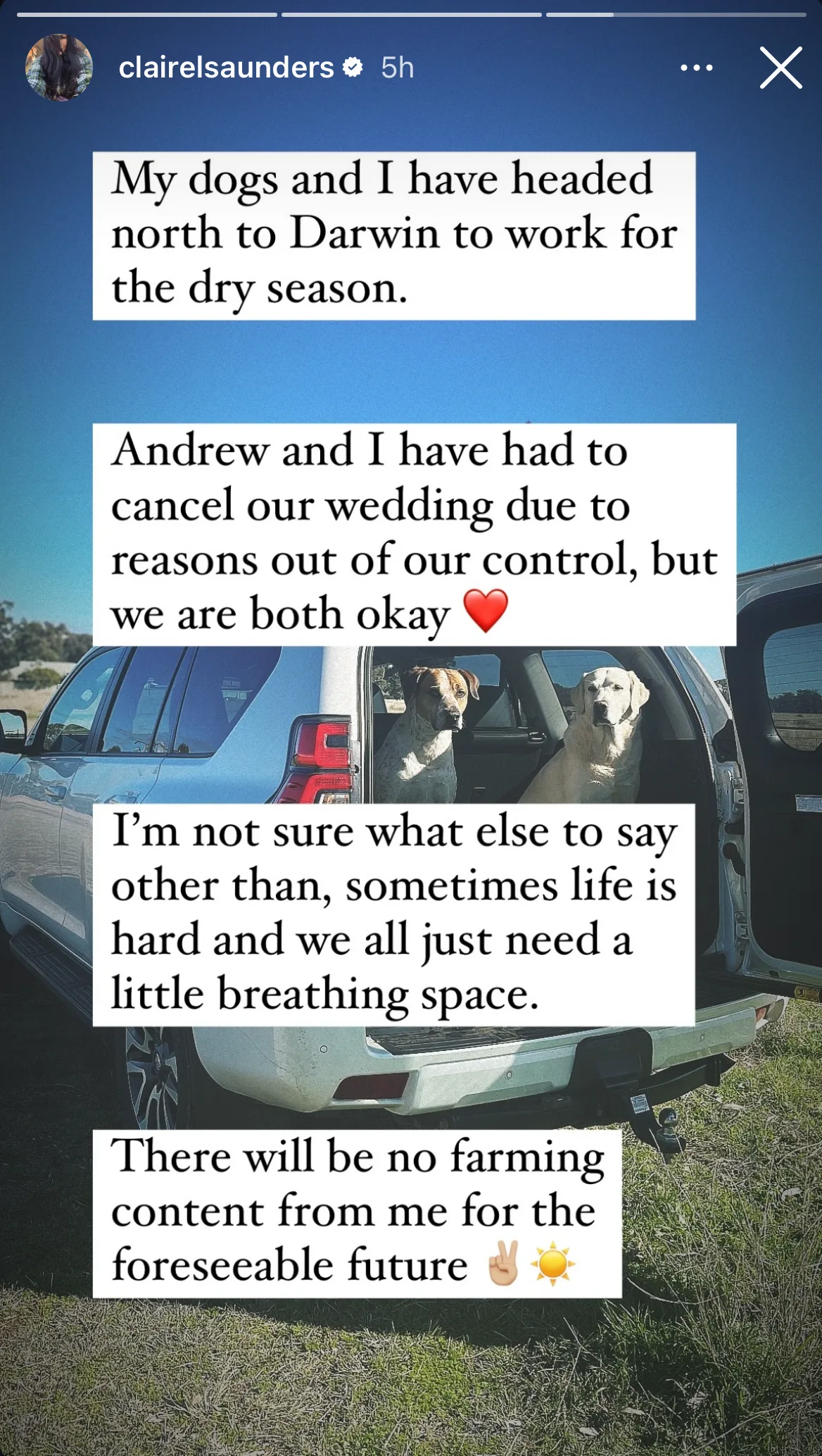 Claire reveals she and Farmer Andrew have canceled their wedding.