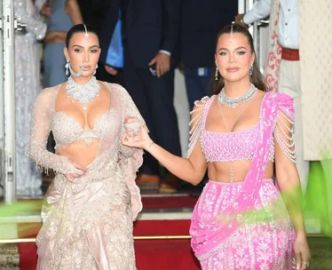 Kim and Khloe Kardashian in Mumbai at Anant Ambani and Radhika Merchant's wedding.