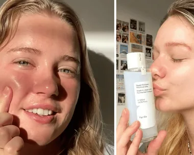 Young woman applies skincare on cheek and holds a bottle labeled "Super Collagen Moisture Dew" with product name "Par Kie."