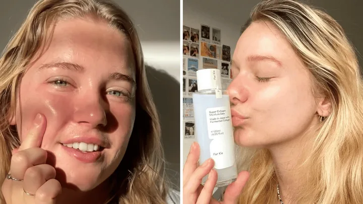 Young woman applies skincare on cheek and holds a bottle labeled "Super Collagen Moisture Dew" with product name "Par Kie."