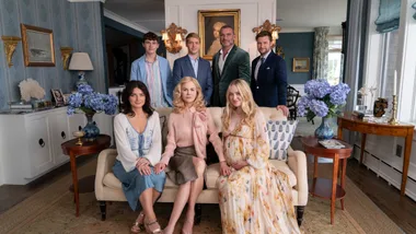 The Perfect Couple. (L to R) Eve Hewson as Amelia Sacks, Sam Nivola as Will Winbury, Nicole Kidman as Greer Winbury, Billy Howle as Benji Winbury, Liev Schreiber as Tag Winbury, Dakota Fanning as Abby Winbury, Jack Reynor as Thomas Winbury in episode 103 of The Perfect Couple.