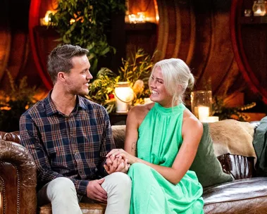 Two images: Left - a couple on a sofa holding hands, smiling. Right - a person outdoors in a hat, smiling broadly.