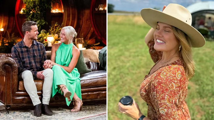 Two images: Left - a couple on a sofa holding hands, smiling. Right - a person outdoors in a hat, smiling broadly.