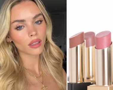Blonde woman wearing makeup and gold jewelry beside a display of various shades of lipstick.