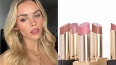 Blonde woman wearing makeup and gold jewelry beside a display of various shades of lipstick.