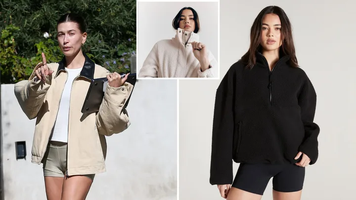 Three women in neutral-colored jackets pose in different settings; one holds a tablet, another wears a white fleece.