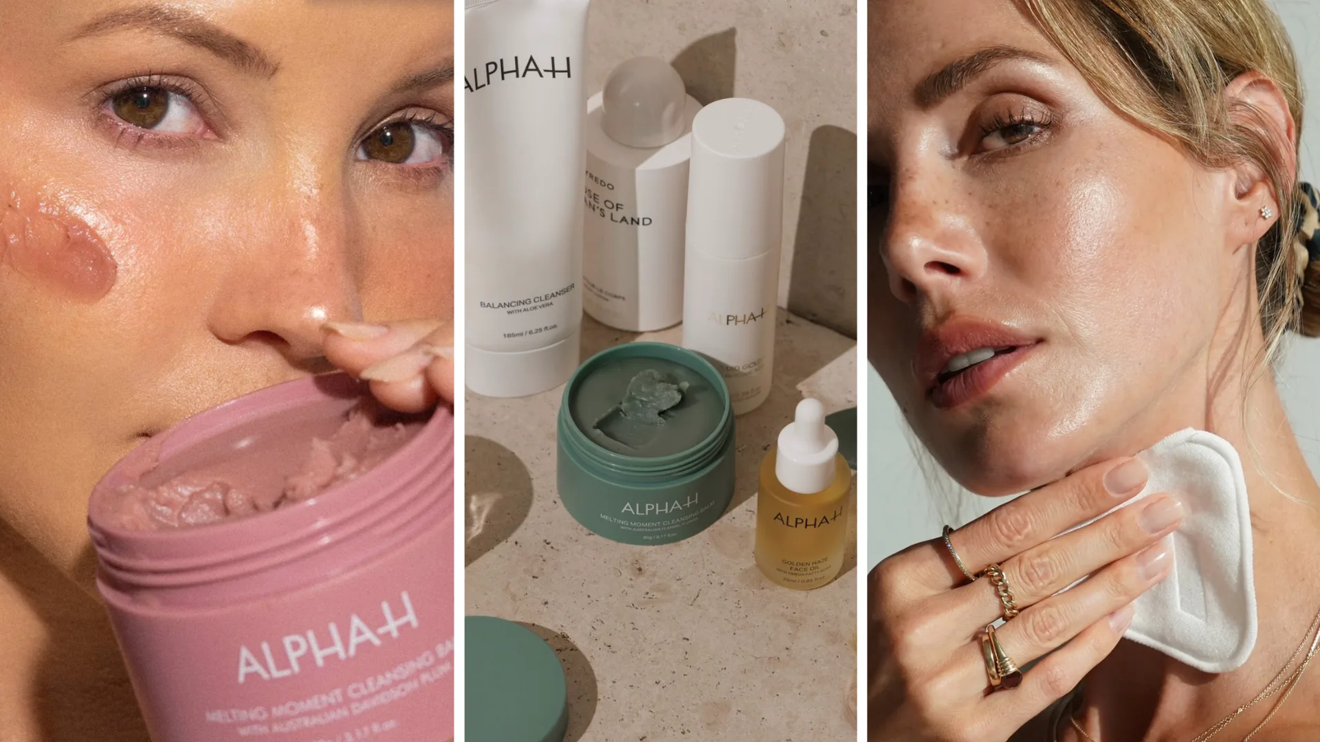 Woman applying Alpha-H skincare products to her face; includes balm, cleanser, and face oil in separate scenes.