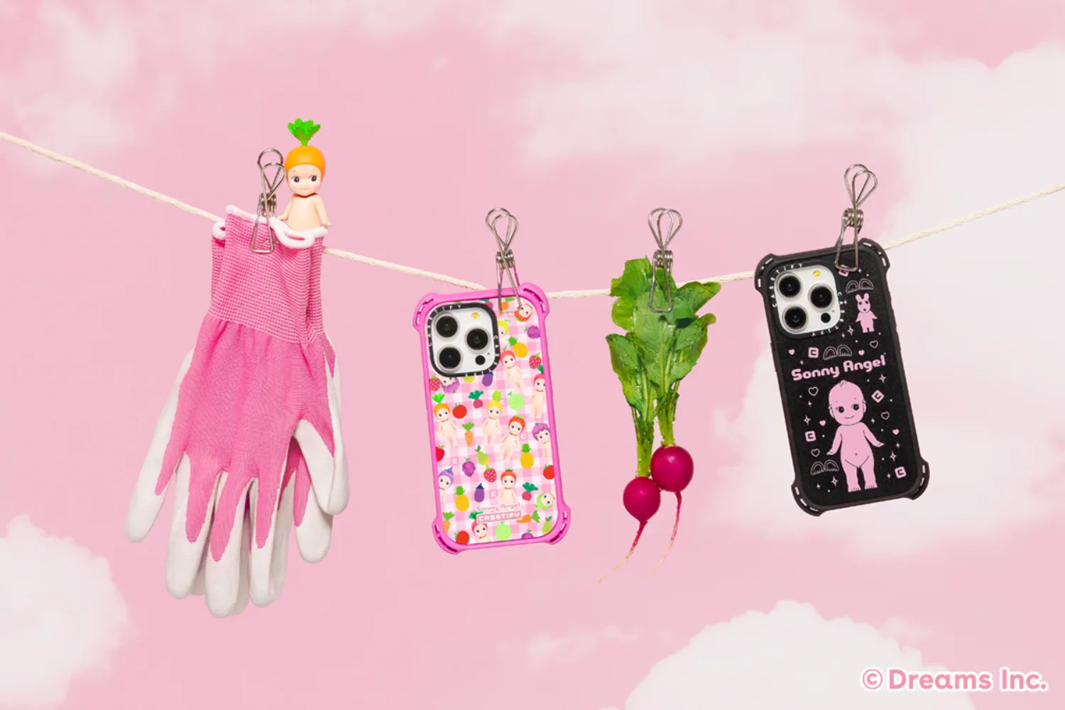 A clothes line with colourful phone cases and gardening tools. 