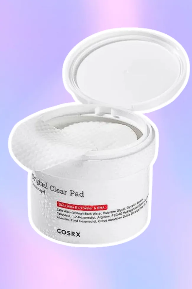 COSRX original clear pad on a purple gradient background.