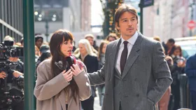 Josh Hartnett and Dakota Johnson are seen at the movie set of the 'Verity on March 12, 2025 in New York City.