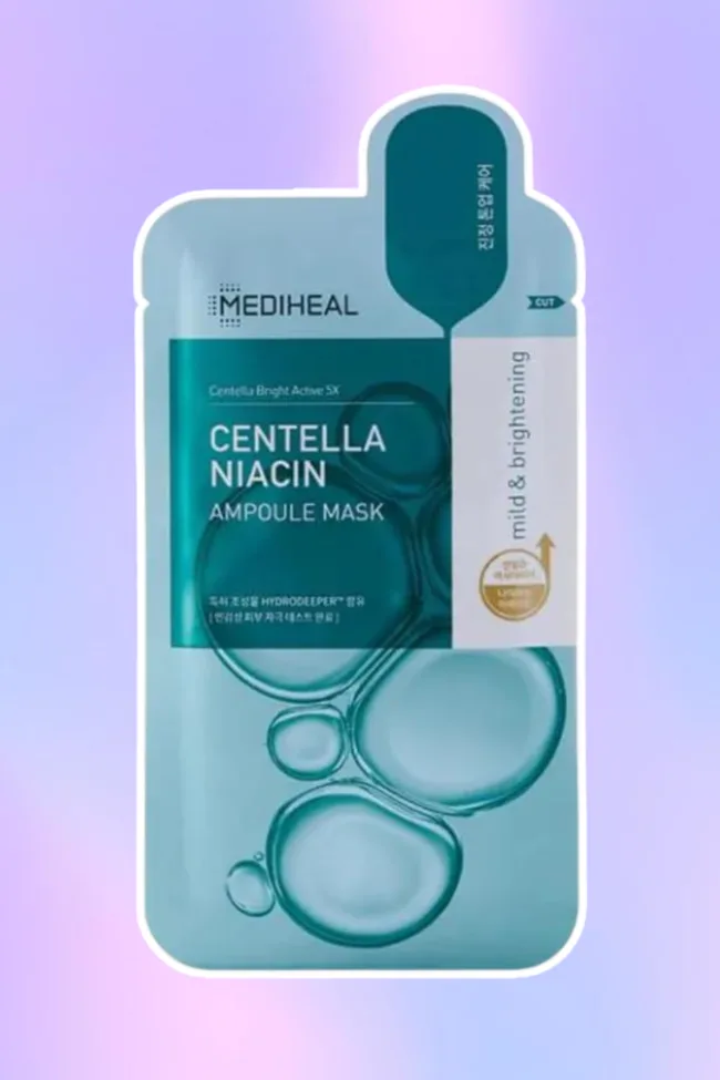 Mediheal Centella Niacin Sheet Mask on purple gradient background.