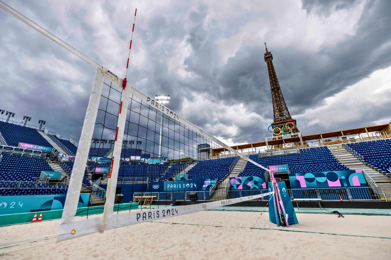 Paris 2024 Olympic Games beach volleyball court under Eiffel Tower. 