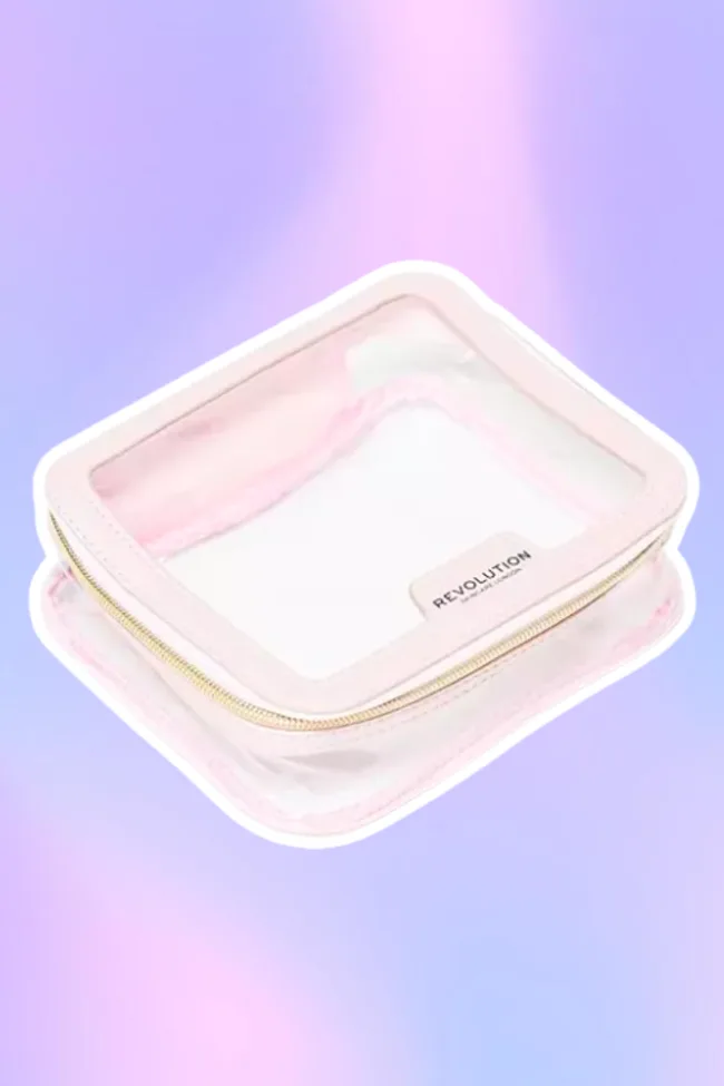 revolution clear mini makeup bag on purple gradient background