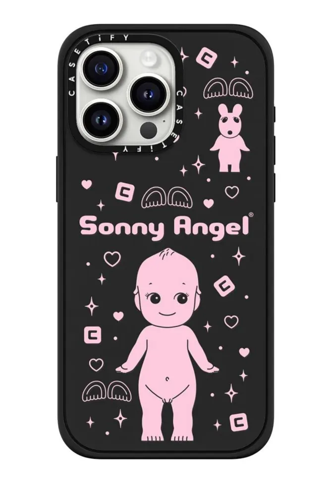 Sonny Angel x CASETIFY black phone case with pink design.