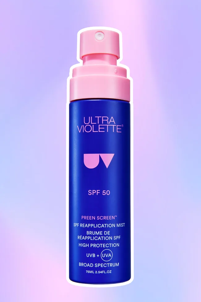 Ultra Violette Preen Screen Sunscreen Spray on purple gradient background