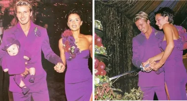 Victoria David and Brooklen Beckham wearing purple at their wedding reception.