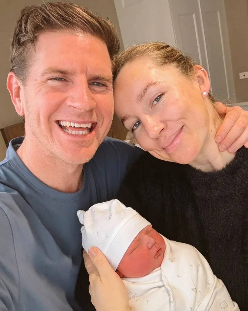 Sam Mac, Rebecca James and their new baby Mabel.